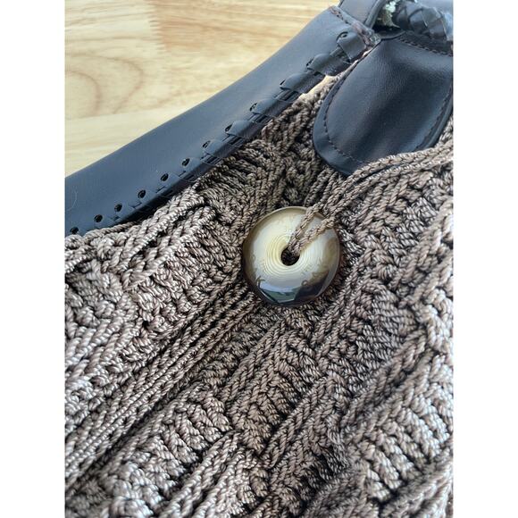 The Sak Brown Crochet Hobo Shoulder Bag Woven Nylon Purse Red Lining Boho - Picture 10 of 14